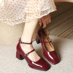 2024 New Mary Jane Shoes High Quality Leather Shoes Shallow Women's Pumps Square Toe Womens Sandals Buckle Strap Zapatos Mujer