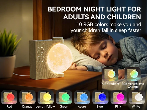 Moon Lamp Night Light Sunrise Alarm Clock Wake Up Light with White Noise Sound Machine, Dual Alarms for Heavy Sleepers, 10 RGB Night Light & Sleep Timer, Wood Grain Desk Clock for Bedroom