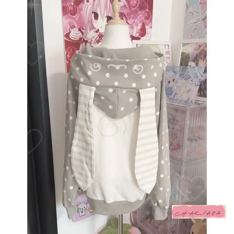 레이스 패치워크 물방울 무늬 루즈 캐주얼 두꺼운 스웨터 재킷 후드 딸기 토끼 귀 귀여운 핑크 겨울 하라주쿠 Y2K 여성용