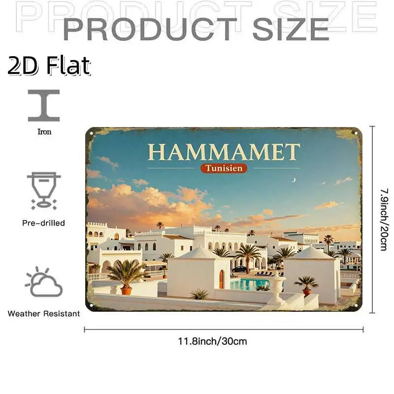 2D Flat, 2D-Flat,1pc,Hammamet Tunisia Vintage Travel Poster,Creative Tin Sign Garage Decoration, Bold Lettering, Highquality Pri
