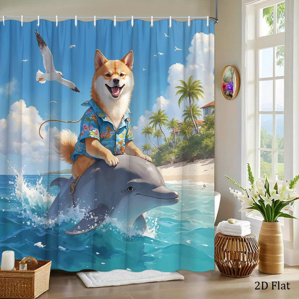 Cute Seaside Shiba Shower Curtain, Cheerful Shiba Inu Riding Dolphin at Beach, Waterproof Curtain for Home Bathroom Decor