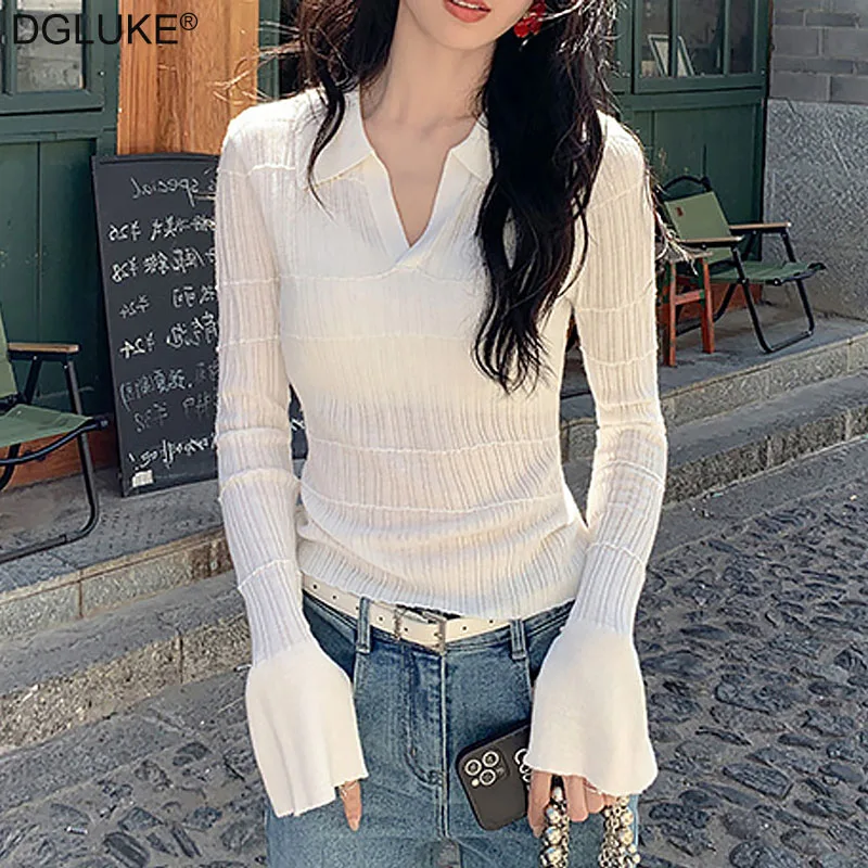 DGLUKE White Polo Sweater Women Transparent Long Sleeve Sweaters Fashion Striped Knitted Cashmere Sweater Shirt Korean Style