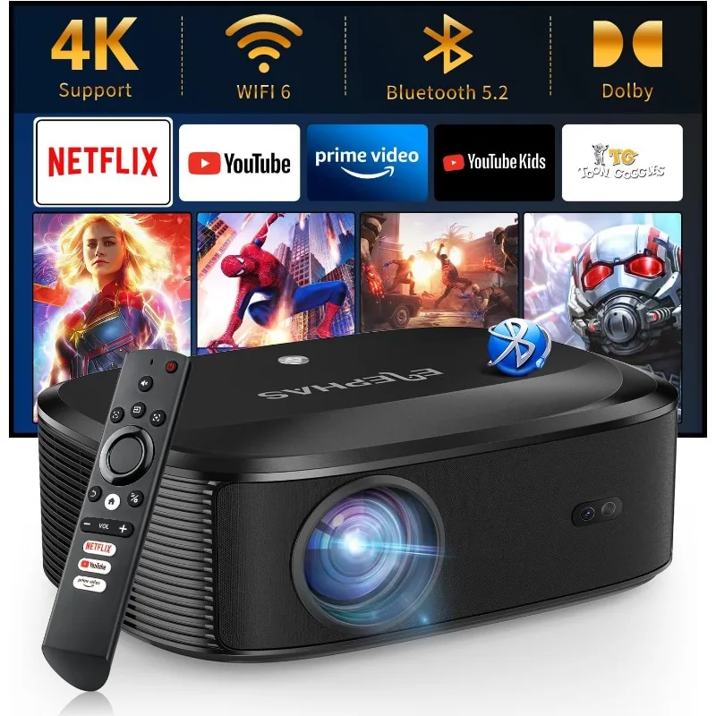 4K Projector with Wifi and Bluetooth Outdoor Movie Projector with NETFLIX/Prime Video YouTube Built-in 100,000+ Apps Supported