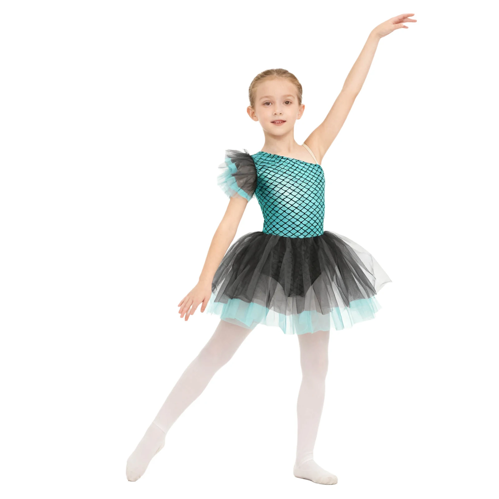 Ballet Leotard for Girls Halloween Ballerina Costume One Shoulder Mermaid Fish Scales Print Tutu Dress Skating Gymnastic Costume