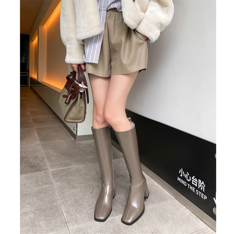 Meotina Women Genuine Leather Knee High Boots Square Toe Thick High Heel Zipper Ladies Fashion Long Boot Autumn Winter Shoes