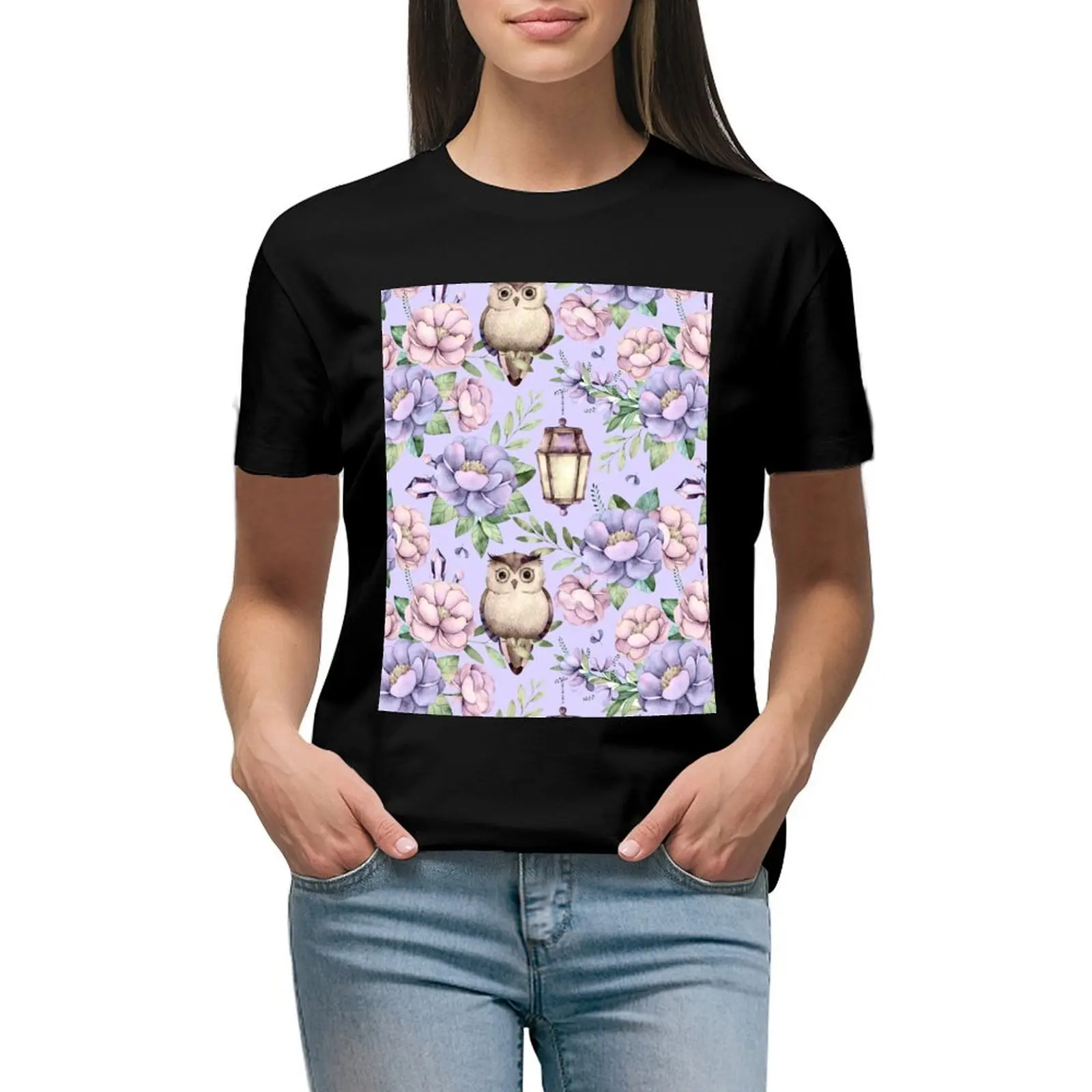 

Hand painted blush pink lavender watercolor owl floral T-shirt shirts graphic tees cute clothes tops Woman T-shirts