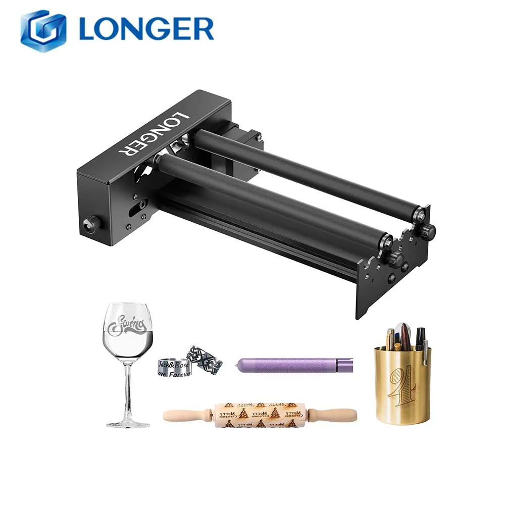 LONGER Y-Axis Rotary Roller for Laser Engraver, 360° Rotation Rotary Attachment, Adjustable 6–300mm Diameter, Laser Engraving Roller for Tumblers, Bottles, Cups, Cylindrical Objects and More