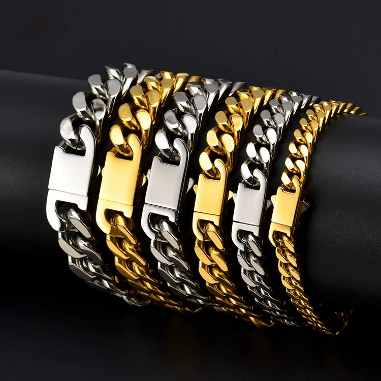 316 Stainless Steel Plated 18k Gold Fashion Crypto Cuban Chain Miami Rap Hip Hop Men\'s Bracelet Accessory