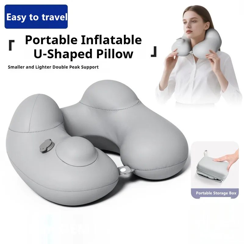 1Pc Press Type Inflatable Pillow U-shaped Pillow, Foldable U-shaped Double Hump Neck Pillow, Portable Outdoor Travel Pillow