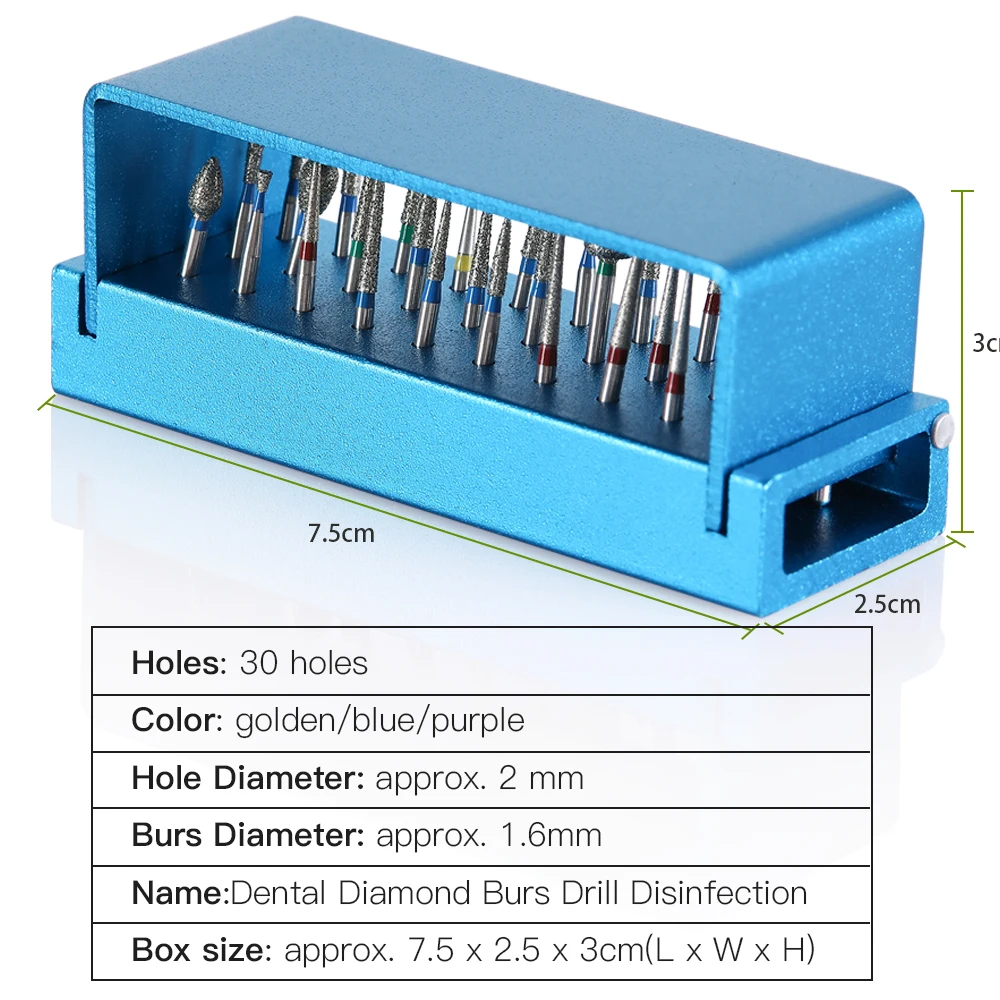 1PC Dental Bur Holder Metal Stand Disinfection Storage Box Fit for High Speed Handpiece Bur Gold/Blue/Purple Optional