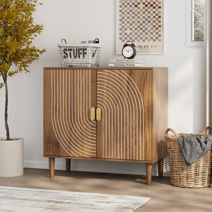 

Sideboard Buffet Cabinet With Storage Walnut Wood Buffet Cabinet with Line Groove Design Multifunctional Accent Cabinet with Ad