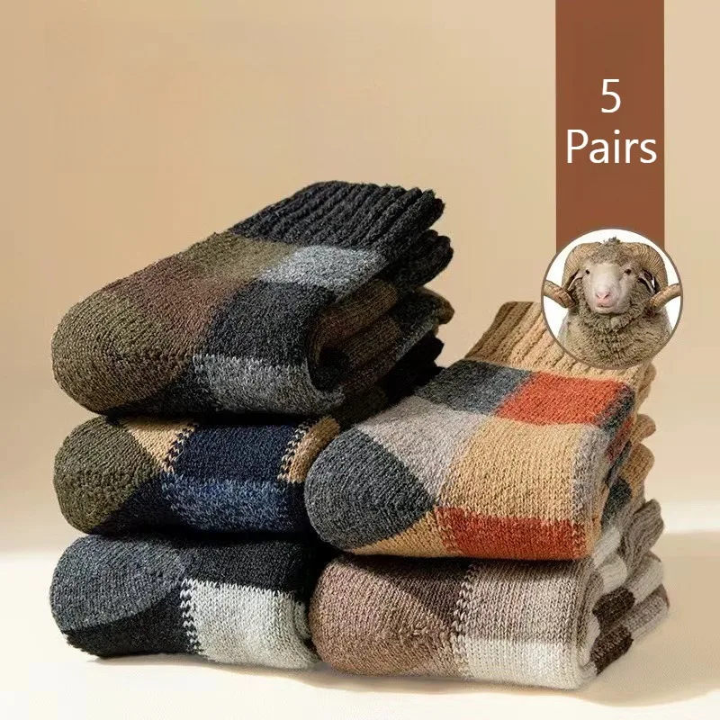 

5 Pairs Thick Wool Hot Socks for Men Winter Warm Mid-Calf Thick Grip Socks Casual Man Knit Thermal Socks Wholesale Hosiery 2025