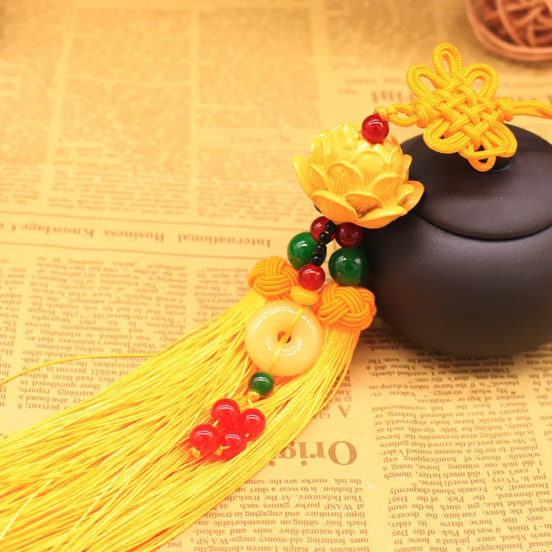 Chinese Knot Natural Obsidian Carved Lotus God of Fortune Amulet Lucky Pendant Silk Tassel keychain Fashion Jewelry 2022