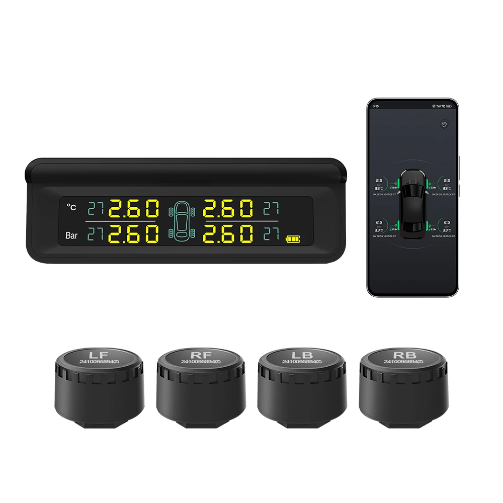 

Universal 99PSI Bluetooth TPMS Tire Pressure Sensors Solar Display Tyre Monitoring System