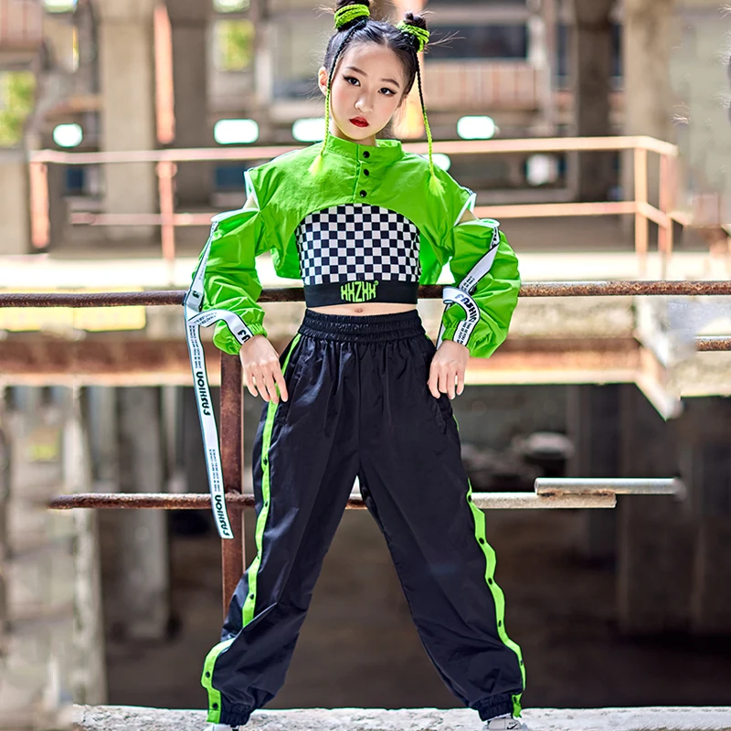 Outfits Kids Street Dance Jazz Modern Dance Performance Costumes Hip Hop Girl Dance Clothes Green Crop Tops Loose Pants Kpop