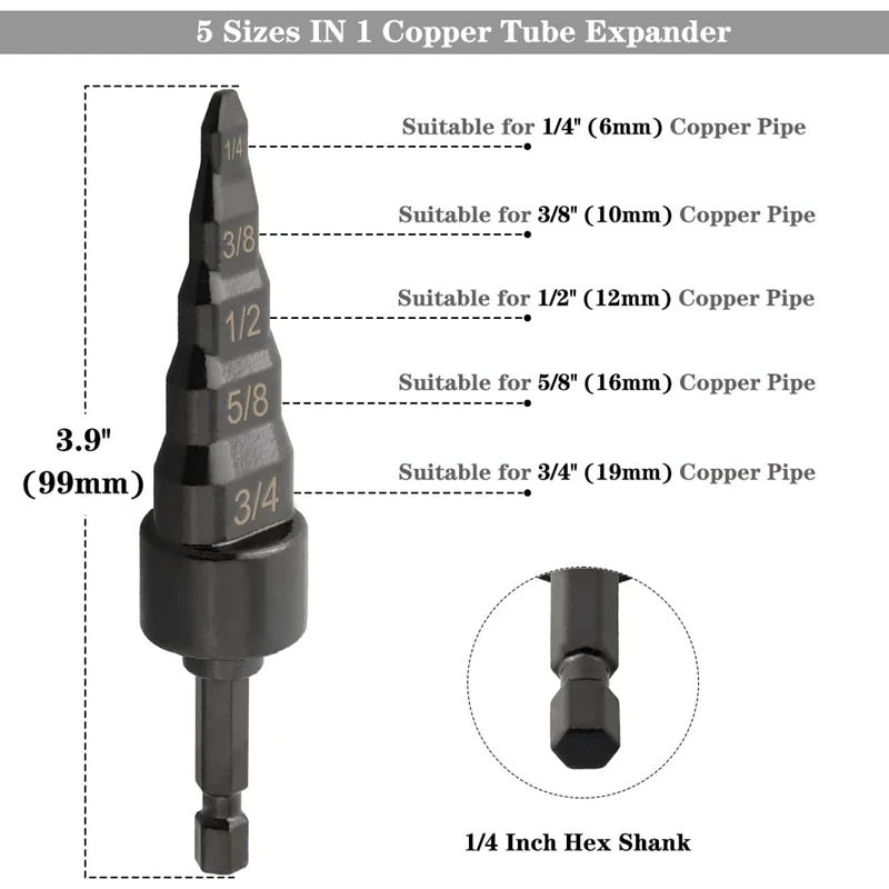 2PCS Copper Tube Expander, 5 In1 Air Conditioner Copper Pipe Swaging Flaring Drill Bits Repair Tool