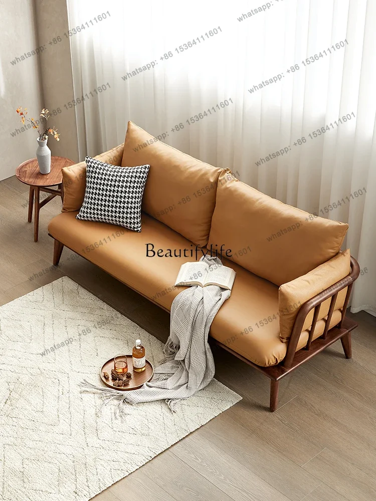 60.Nordamerikanisches Sofa aus massivem schwarzem Walnussholz, Leder, für kleine Wohnungen, Wohnzimmermöbel, Holzsofa