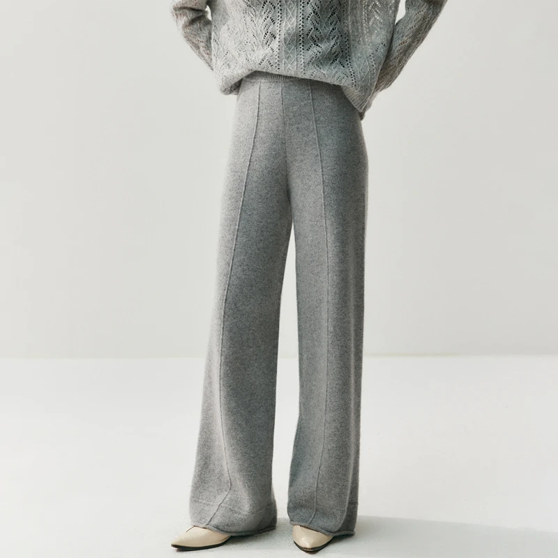

Women Autumn Winter 100% Cashmere Trousers Wide Leg Pants Female Casual Soft Warm Trousers New Fashion Elastic Waist Knit Pants