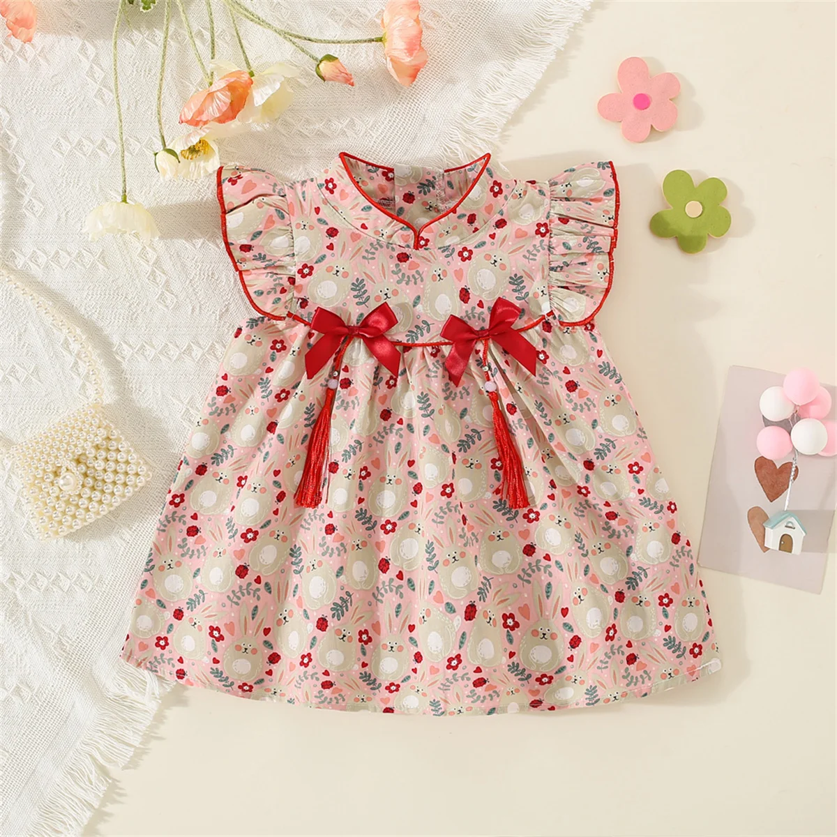 2023 Baby Girl'S Dress New Summer Contrast Daisy Print Bow Cotton Fabric Chinese Style Qipao