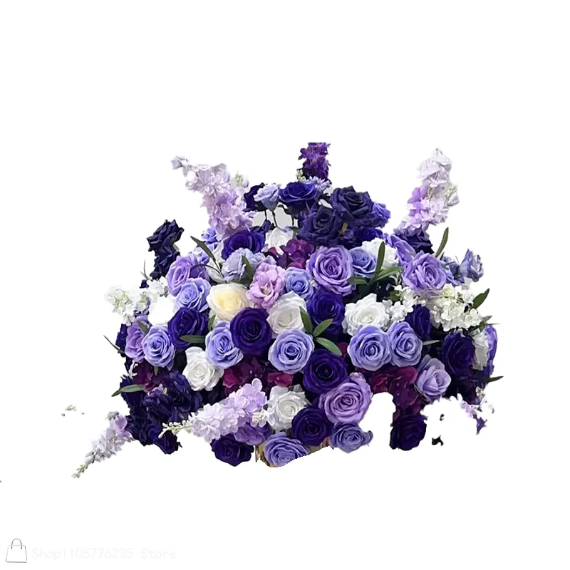 Lila-weißes künstliches Blumenarrangement für Hochzeitsgang, künstliche Rosen und Rittersporn als Tischdekoration für Hotelbankette und Veranstaltungen. – Detail 4