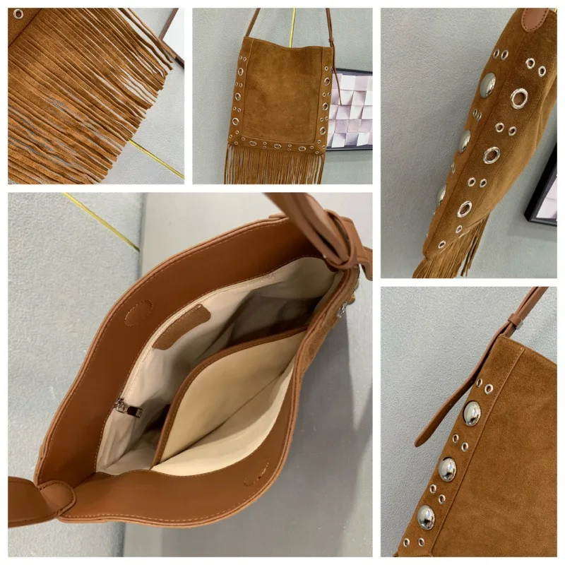 Vintage Everyday Mini Phone Crossbody Bag for Women Premium Genuine Leather Soft Suede Studded Tassel Design Luxury Handbag