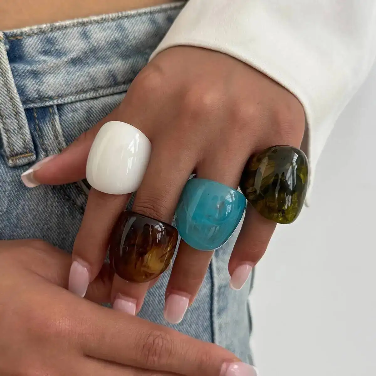 IngeSight.Z Boho Smudging Chunky Finger Rings for Women Fashion Irregular Acrylic Resin Water Drop Oval Knuckle Y2K Jewelry Gift