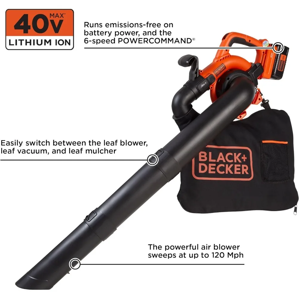 40V Cordless Leaf Blower Kit, 120 mph Air Speed, 6-Speed Dial, Built-In Scraper, With Collection Bag, Battery