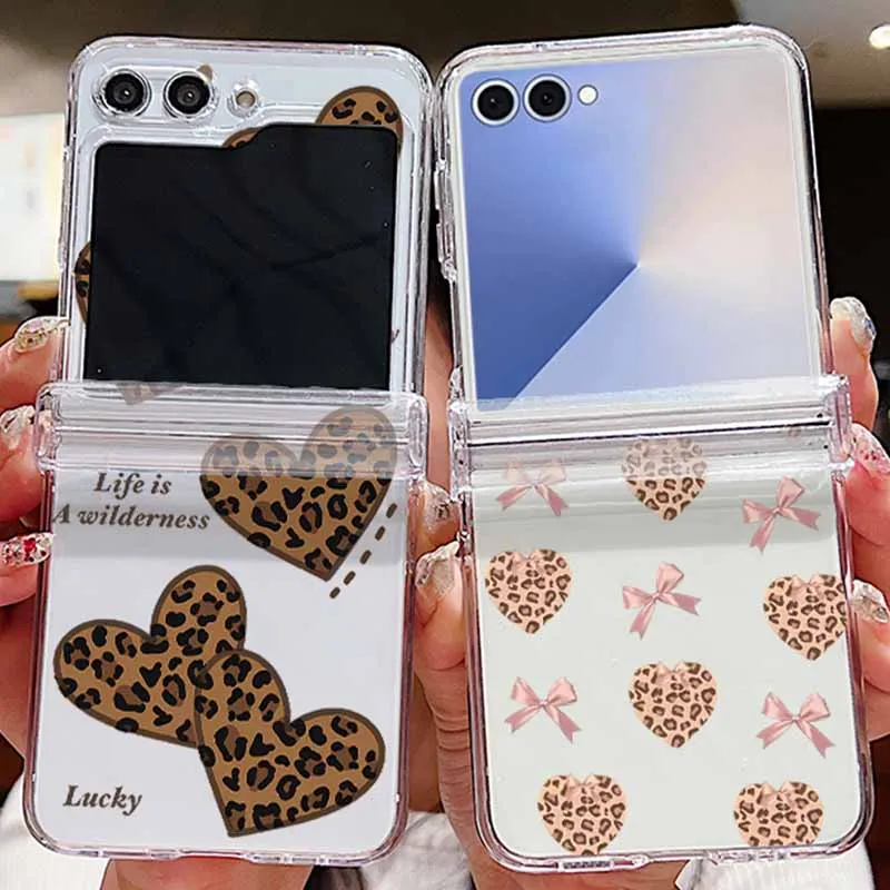 Leopardenmuster Herzen Schleife Klare Handyhülle für Samsung Galaxy Z Flip7 FE Flip7 Flip6 Flip5 Flip 7 6 5 4 3 5G Hard Folding Cover