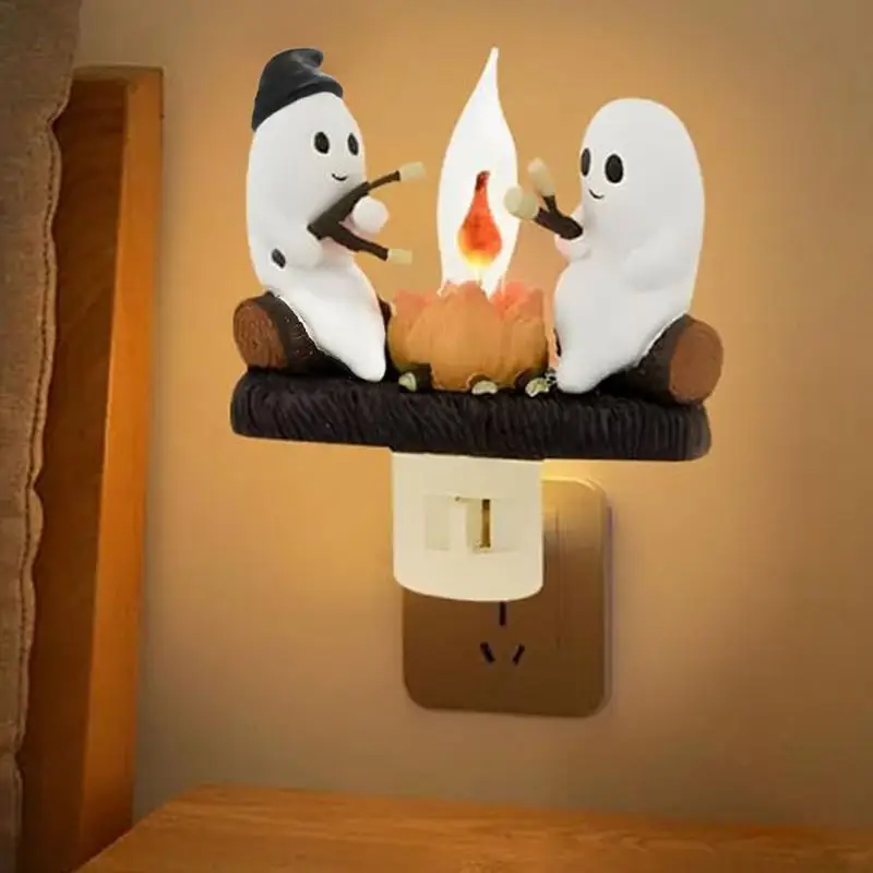 Ghost Campfire Nightlight 2024 Faux Bonfire Spooky Flickering Night Light Plug Wall Halloween Decor MarshmallowFire Nightlight