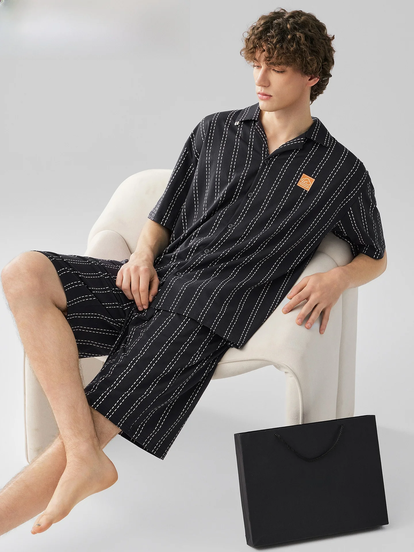 conjunto-de-ropa-de-dormir-de-verano-para-hombre-ropa-de-casa-a-rayas-de-manga-corta-de-algodon-puro-cinturon-fino-transpirable-comodo-y-ligero
