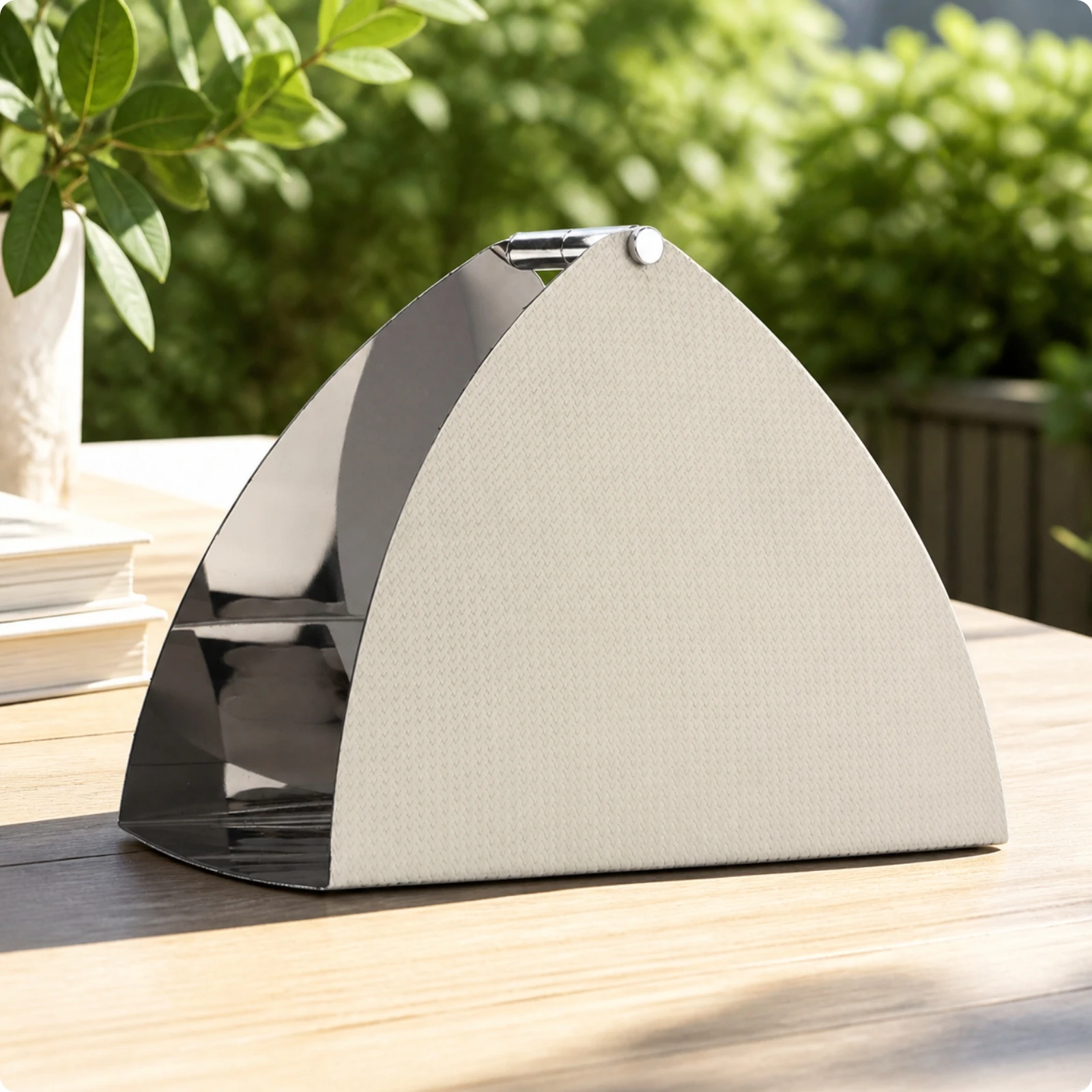 Book Basket Geometric Triangular Tabletop Organizer Stainless Steel Organizer with Leather Panel Space-Saving