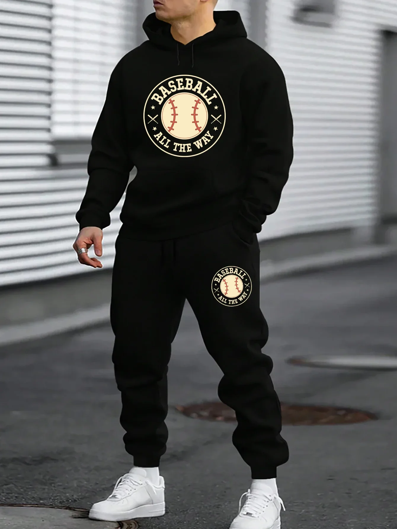 

2026 baseball printed sportswear set men's hooded sweatshirt long pants set spring and autumn winter warm suit
