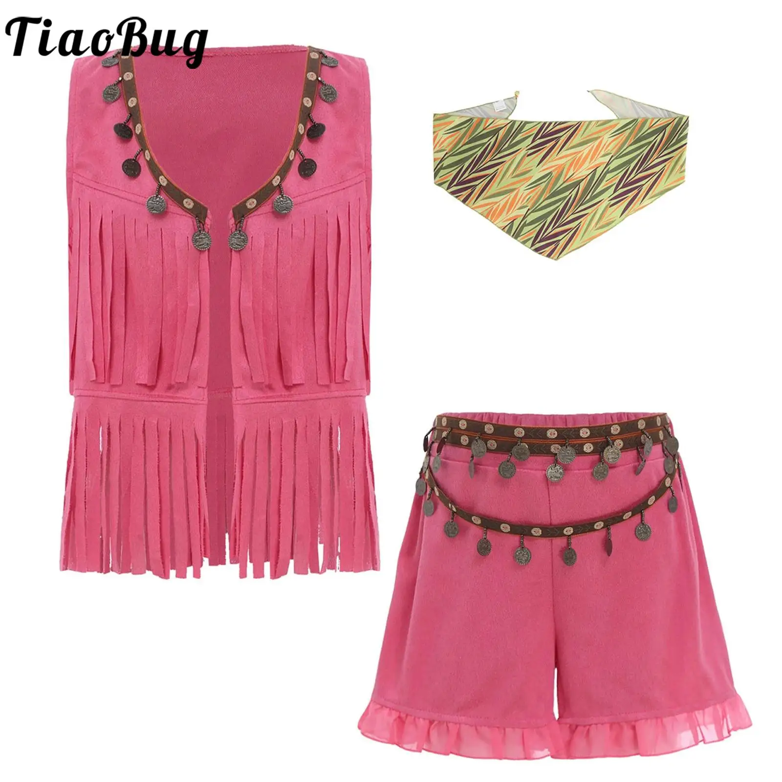 Girls Western Cowboy Bohemia Stylish Costume Beading Tassels Vest with Shorts Headscarf Halloween Party Role Play Hippie Outfits