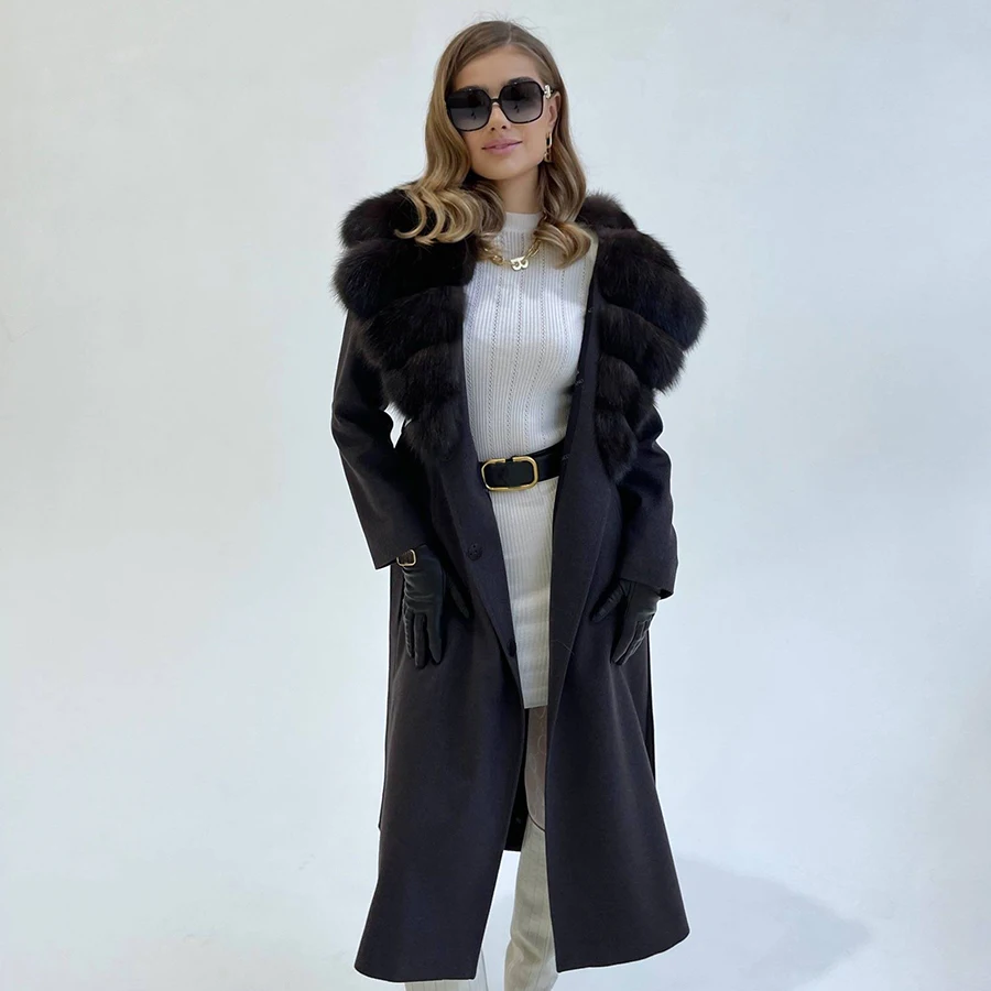 Winter New Cashmere Wool Coat Ladies Real Rabbit Fur Wool Coats Women Winter Fur Jacket