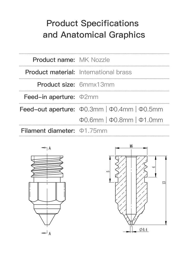 Creality-boquillas de latón para extrusora Hotend, para impresora CR-6, serie SE/Ender-3/Ender 5, 0,2/0,4/0,6/0,8mm, 5 unidades/juego