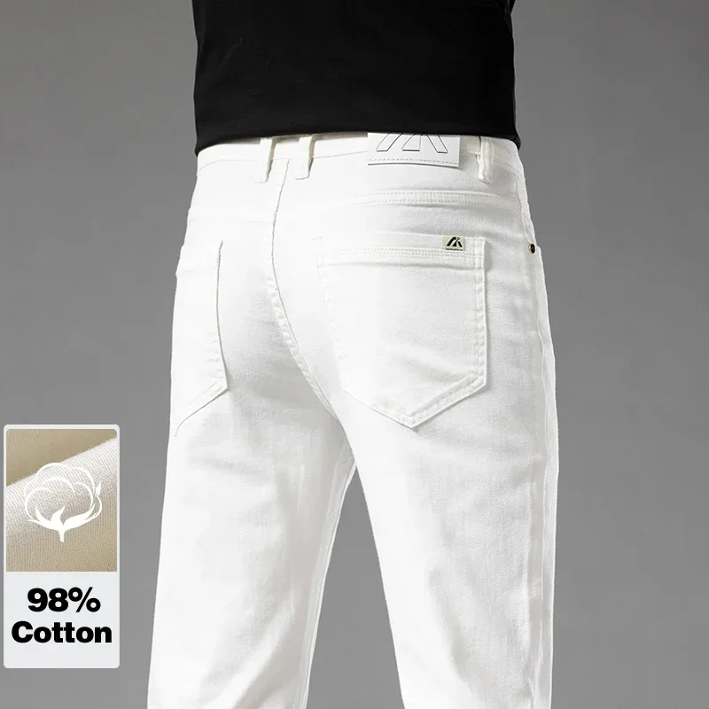 Summer New 98% Cotton Men\'s Casual Jeans White Classic Fashionable Stretch Straight Denim Trousers Black Brand Clothing Male