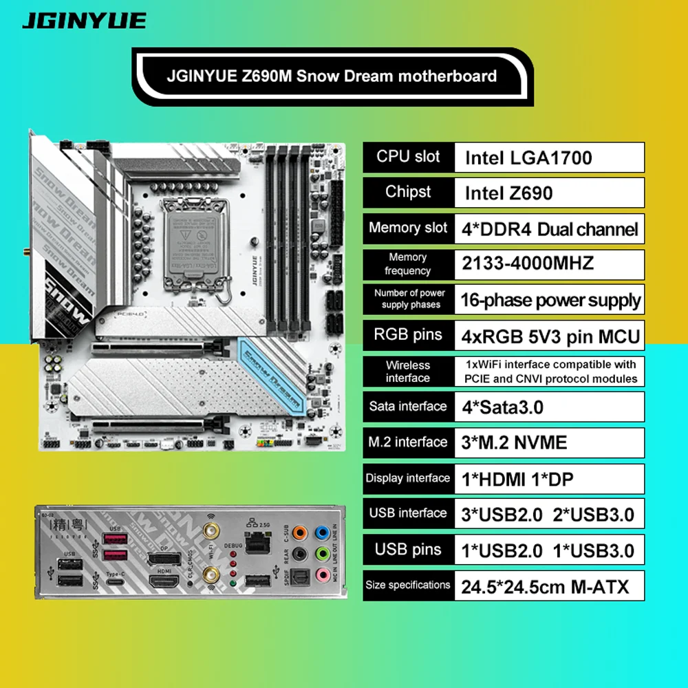 JGINYUE Z690 Motherboard LGA 1700 Support Intel Core i3/i5/i7/i9 12th 13th 14th CPU overclock DDR4 Z690M Snow Dream Motherboard