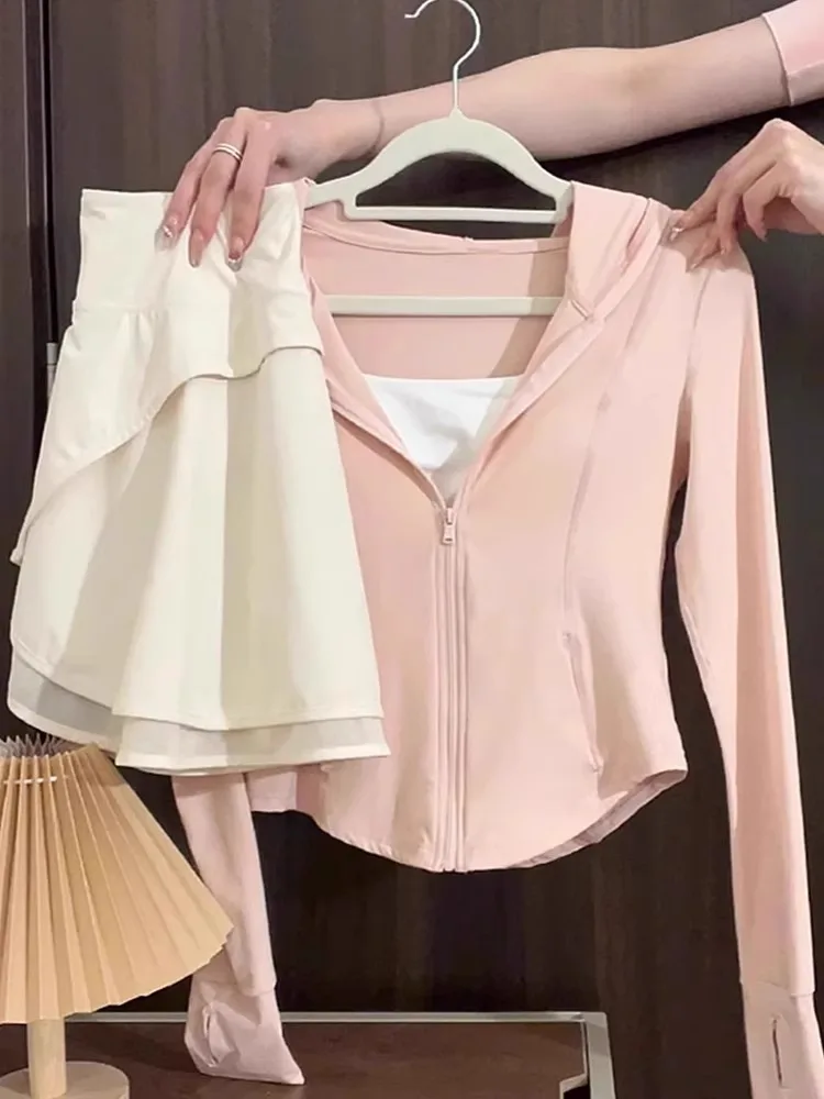 

Slim Fit Summer New Ice Silk Sun Protection Outerwear Women's Short Top Pink Waist-Cinching Thin Style Fashionable Hooded