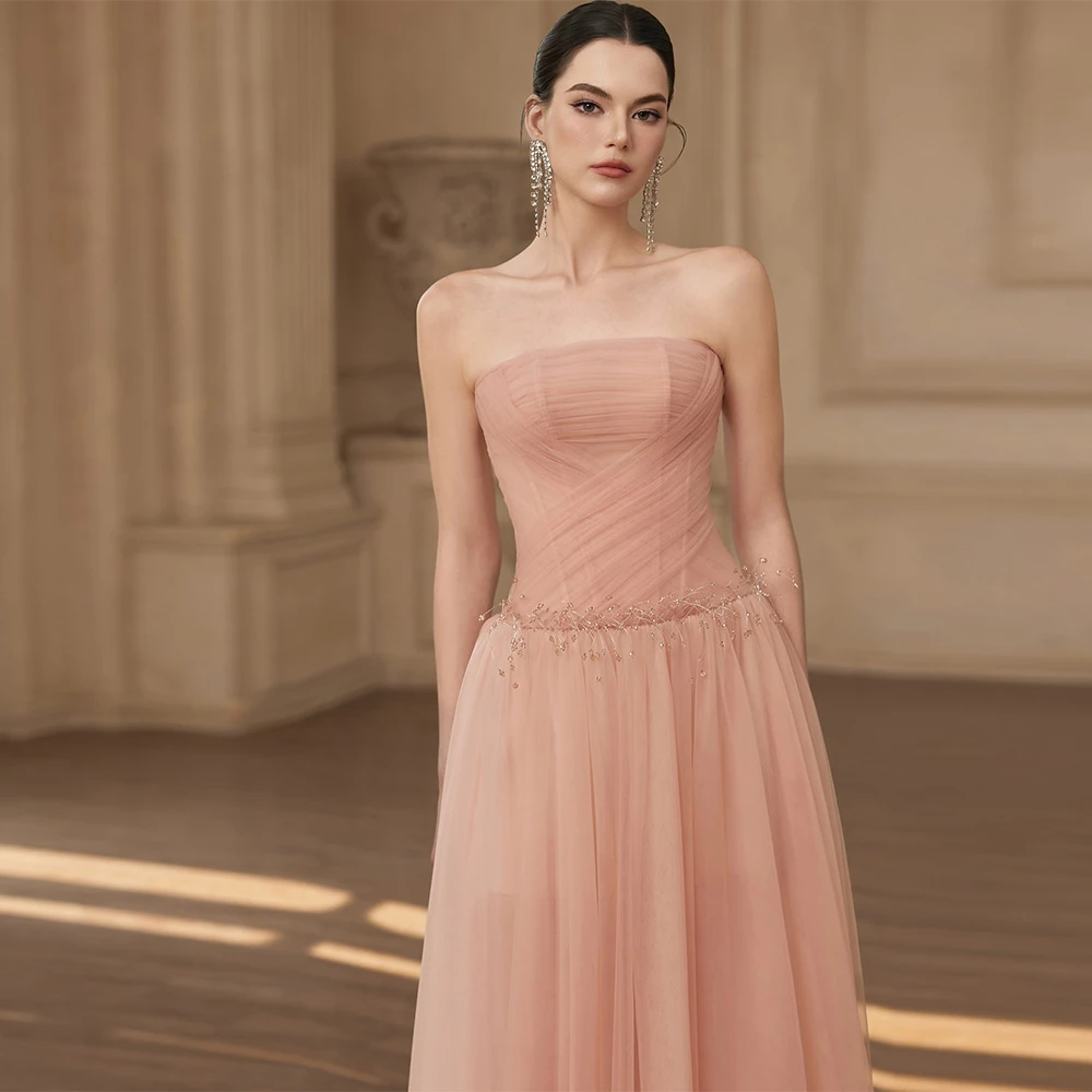 

Customized Elegant Pink Organza Evening Dress Formal Strapless Sleeveless Homecoming Dress Soft Straight Sweep Train Prom Dress