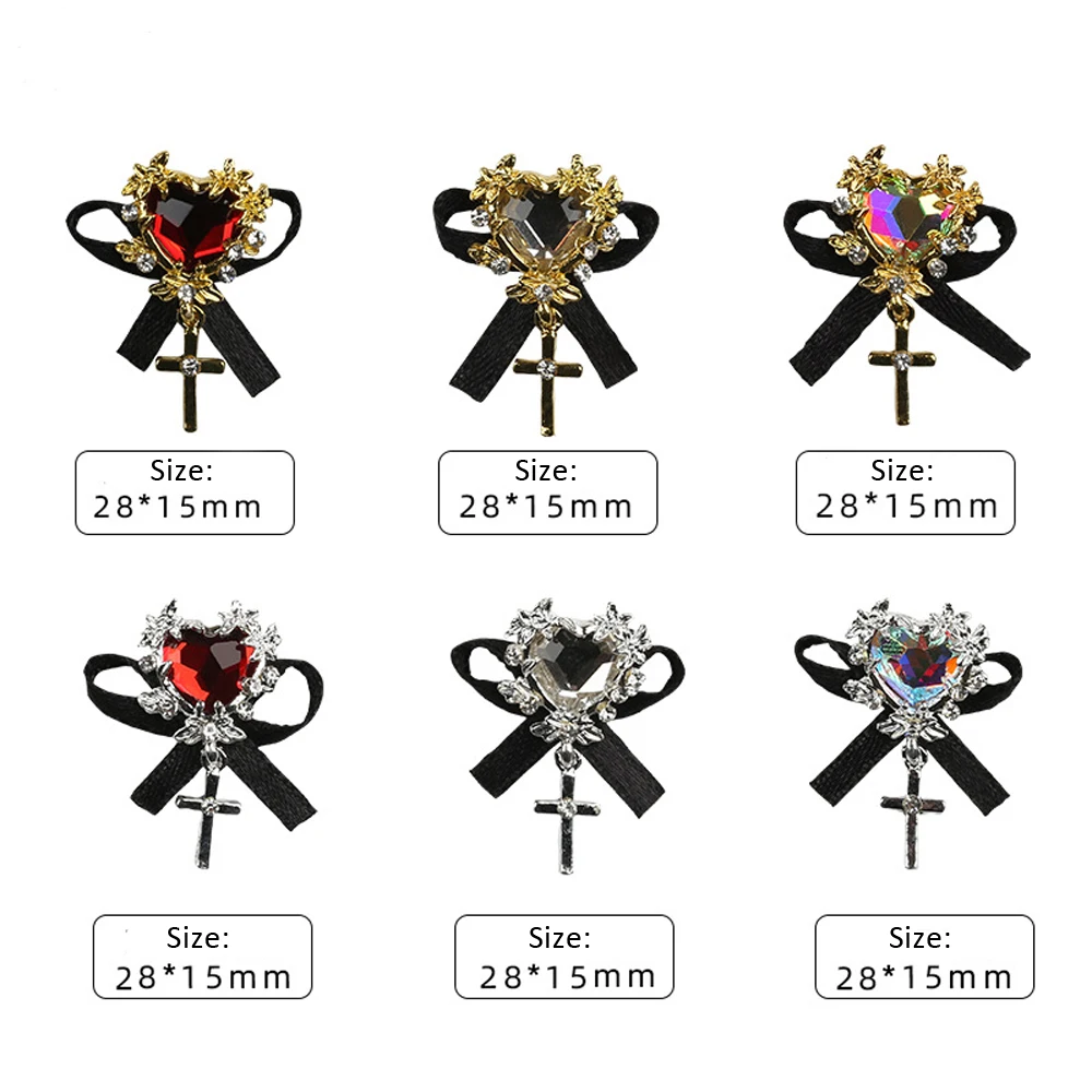 5pcs Gothic Nail Charms Gold/Silver Alloy Crystal Bowknot With Cross Jewelry Nail Parts 3D Evil Loli Nail Art Goth Decors JE28#