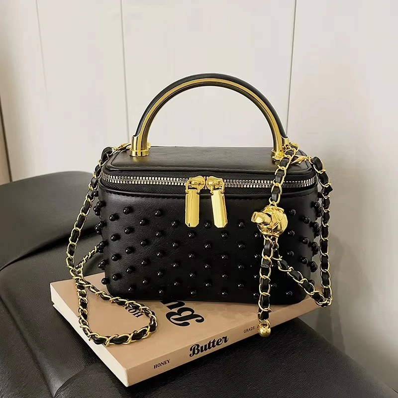 Luxury Women's Inlaid Pearls Chain Box Handbag Fashion Designer Makeup Bag High-end Party Evening Clutch Bag Crossbody Bag 5