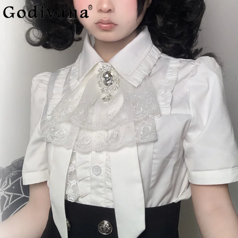 

Original Japanese Lolita Short Sleeve Top Women White ElegantBlouses Girly Sweet Cute Lace Bow Collar Shirt Office Lady Clothes