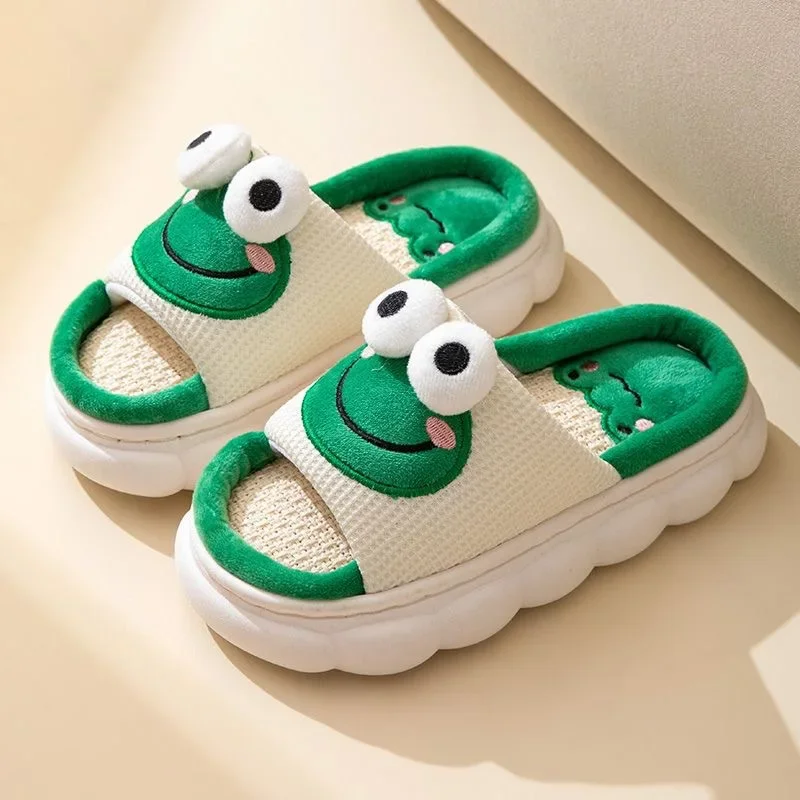 Women Cartoon Frog Slippers Winter Warm Indoor Home Slides Linen Thick Sole Couple Slipper Bedroom Anti Slip Shoes Sandals