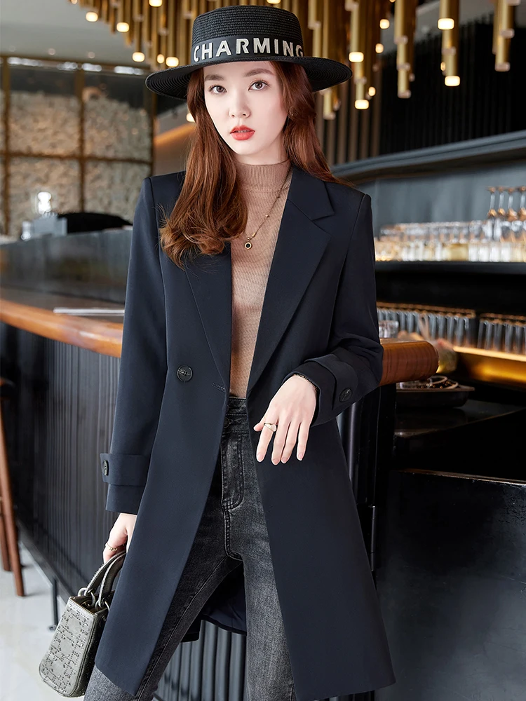 

Women Long Formal Blazer Female Windbreaker Outwear Pink Black Solid Jacket Coat Trench Office Ladies Female Work Wear