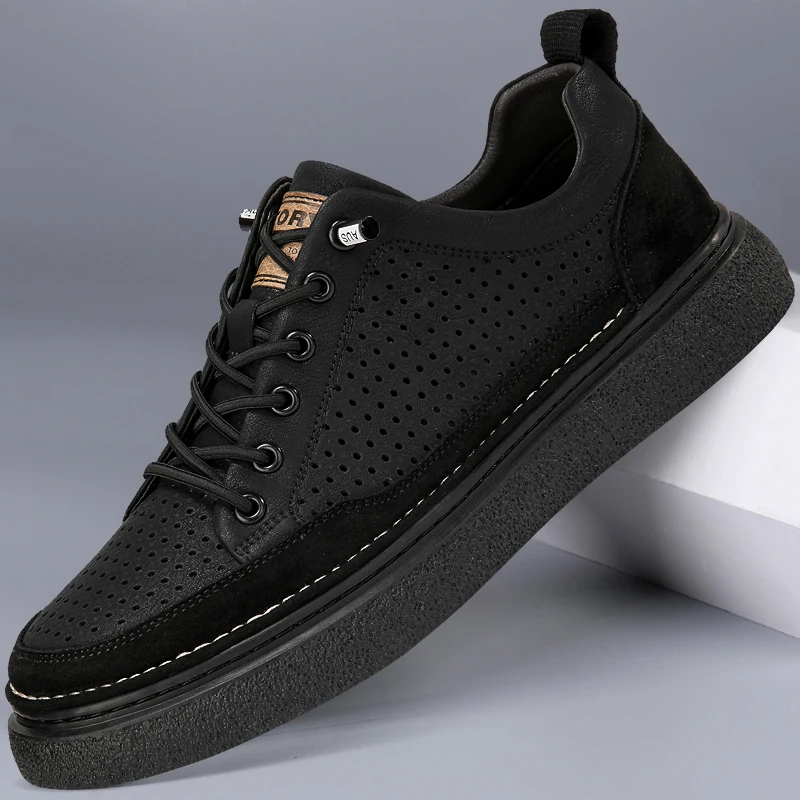 Zapatos de cuero ahuecados transpirables para hombres, zapatos deportivos para hombres, zapatos casuales antideslizantes de fondo plano cómodos, Primavera