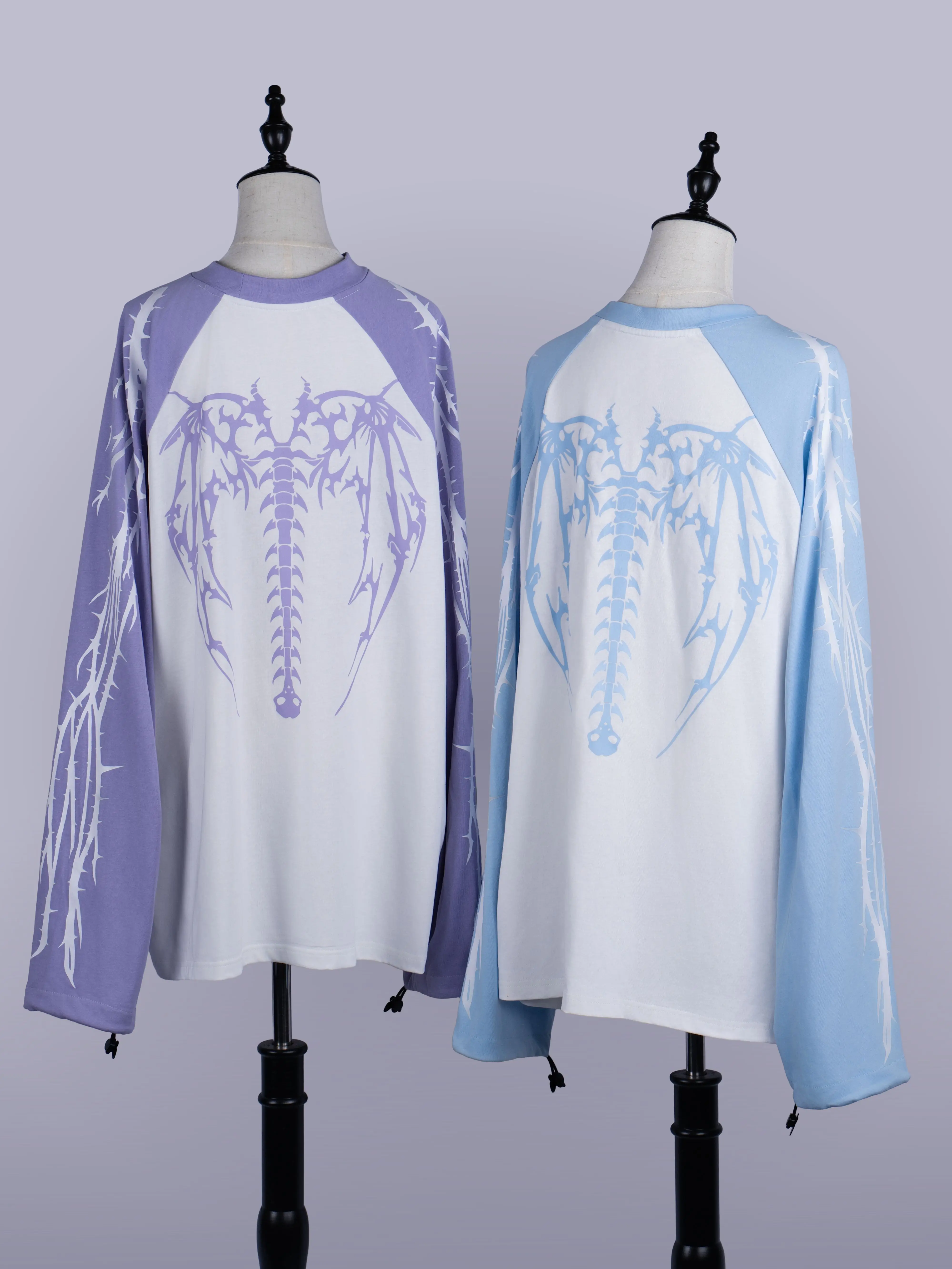 Blue White Raglan Top Harajuku Y2K Cartoon Print Long Sleeve Tee Loose Oversized Color Block Streetwear T-shirt for Girls