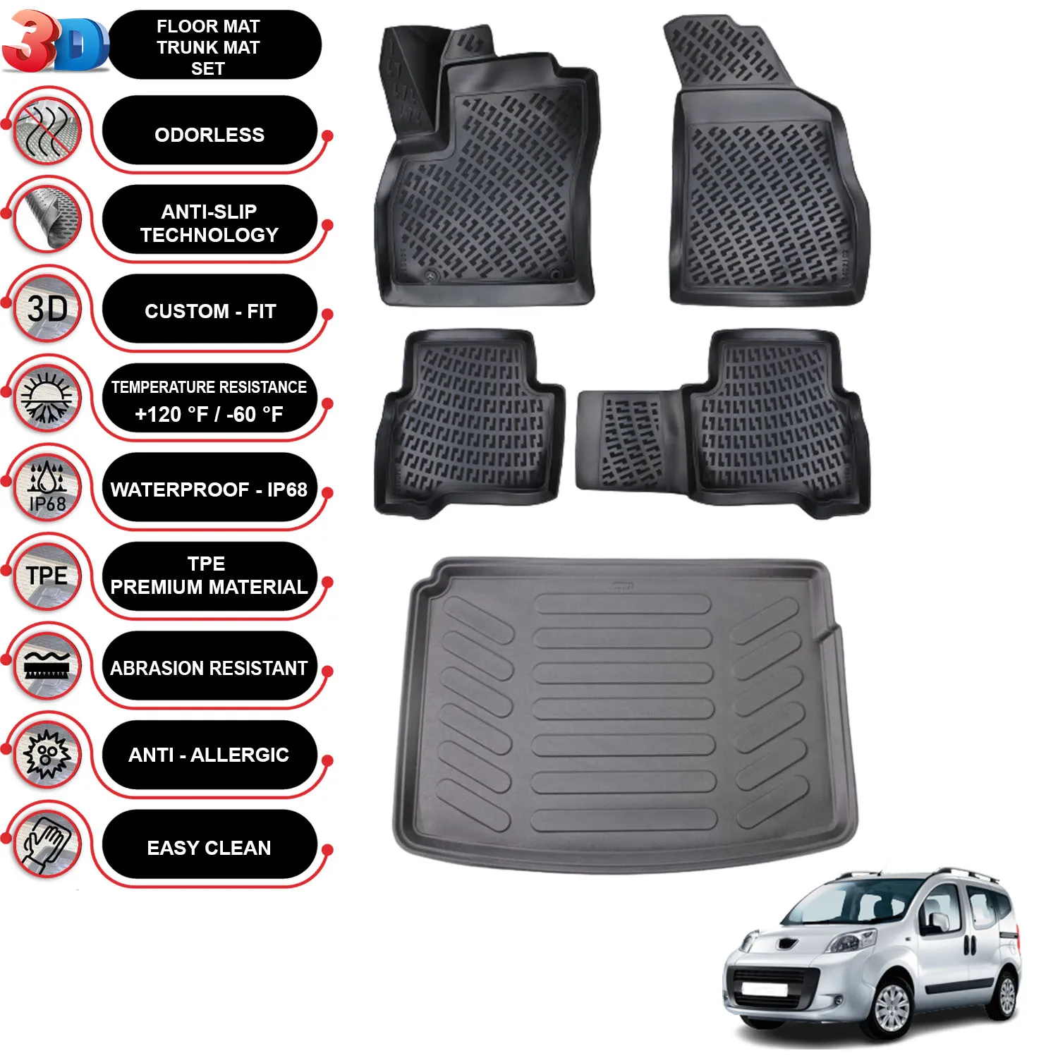 Peugeot Bipper - (2008-2019) - Floor Mats + Cargo Trunk Liner - SET - (Black)