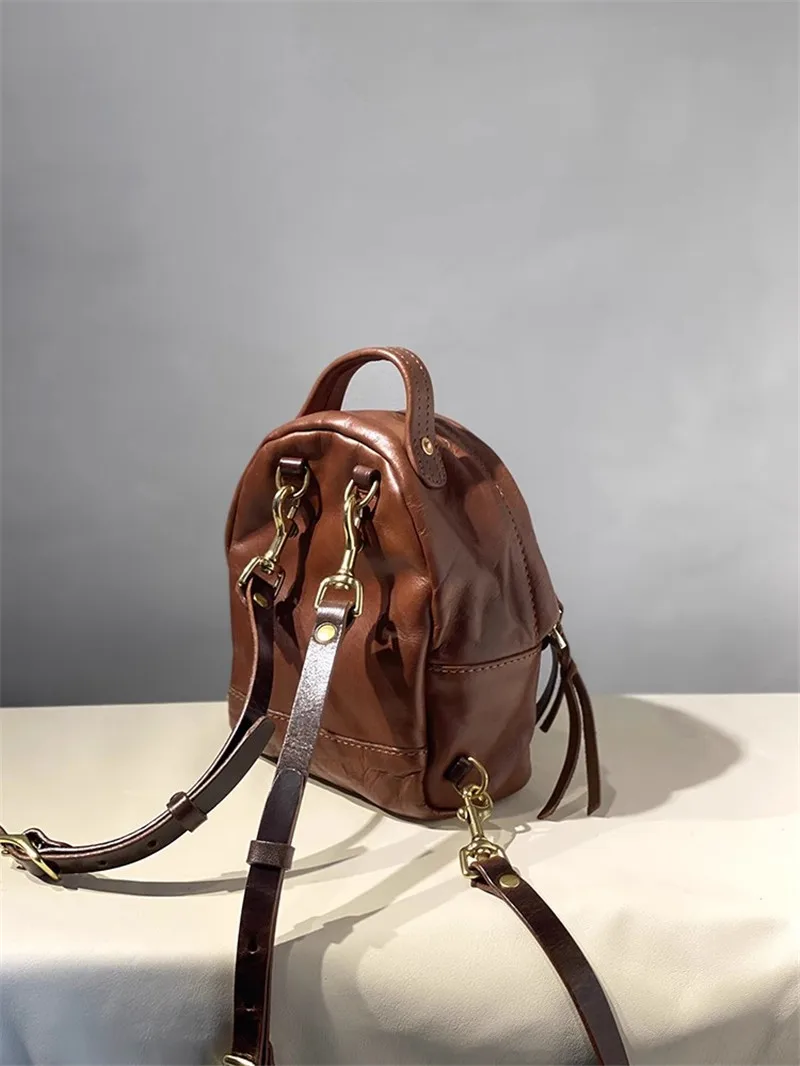 Simple Vintage Designer Luxury First Layer Cowhide Women's Small Backpack Casual Daily Handmade Genuine Leather Female Bagpack