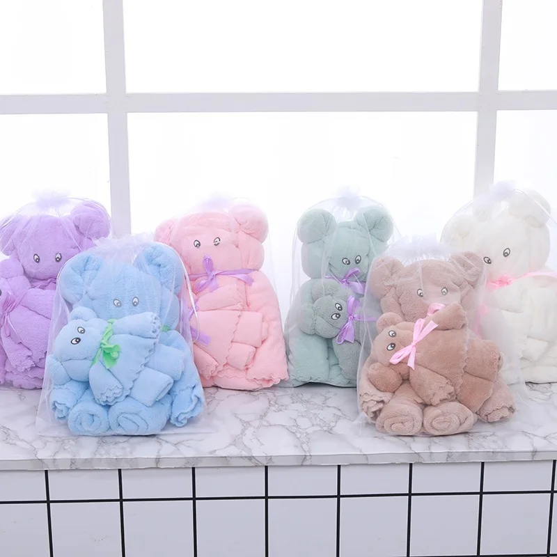 

Coral Velvet Mother and Child Bath Towel Non-Linting Quick Absorb Towel Set Gift Bear Towel