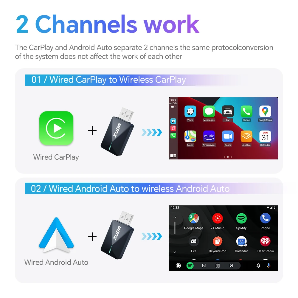 XUDA 2025 Mini Wired to Wireless 2 in 1 AI Box Carplay 5G Wif & Bluetooth 5 Android Auto Plug and Play Non-inductive Connection